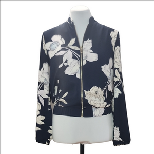 DYNAMITE Navy floral front zipper light weight bomber jacket